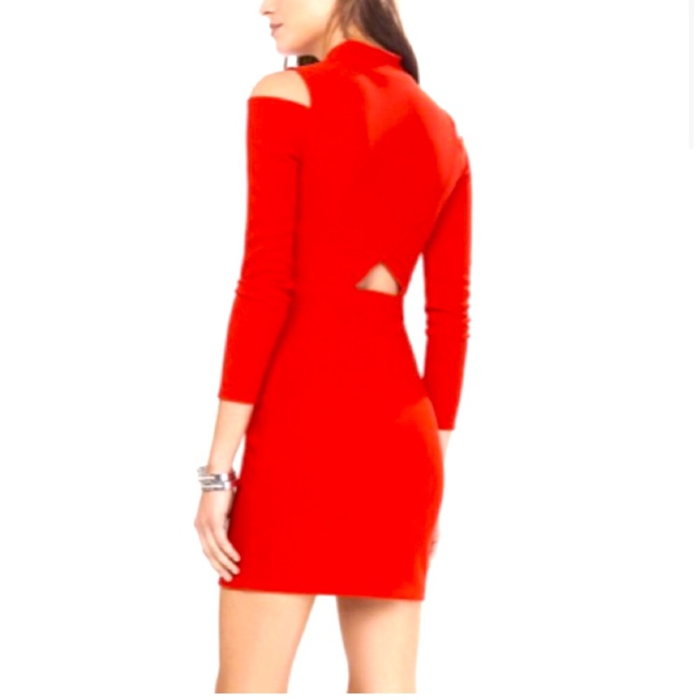 Express | red long sleeve cold shoulder dress with triangle cutout in back